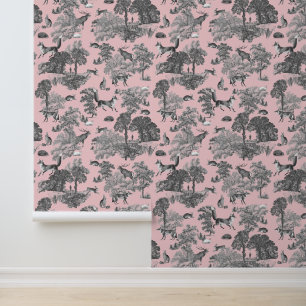Papier Peint Élégant Rustique Fox Forest Animaux Pink Toile