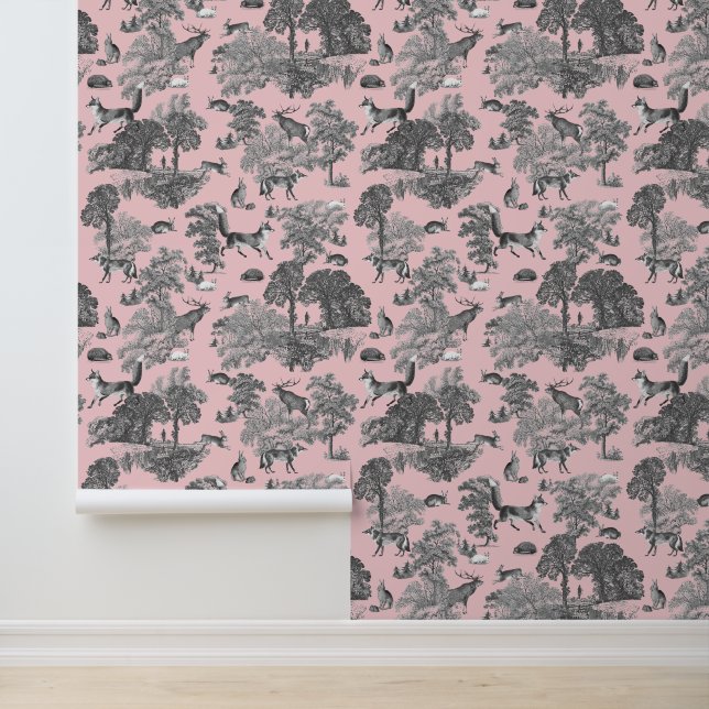 Papier Peint Élégant Rustique Fox Forest Animaux Pink Toile (Application)
