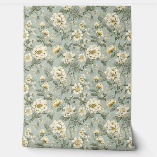 Papier Peint Elégant Shabby chic fleurs vintages sauge