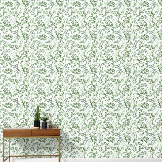 Papier Peint Elégant vert blanc aquarelle Feuilles motif (Couloir)