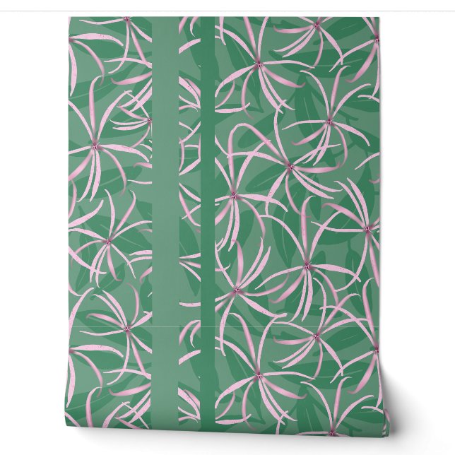 Papier Peint Élégant vert moderne rose rayé fleuri (Déroulement)