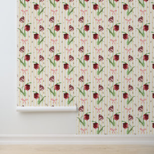 Papier Peint Elégant Vintage Bows Tulips Floral Stripe Motif