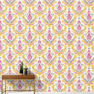 Papier Peint Élégant Vintage jaune vif et rose Damas