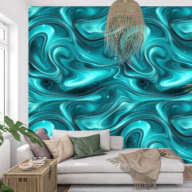 Papier Peint Élégante Ondes de torréfaction Liquide Agate Turqu (Elegant swirling Waves Liquid Turquoise Agate Wallpaper)