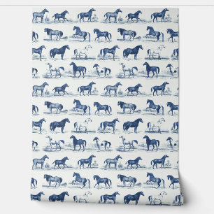 Papier Peint Élégante race Vintage Cheval Motif Bleu Toile