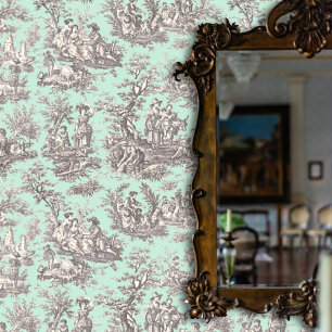 Papier Peint Elégante toile française vintage noire menthe
