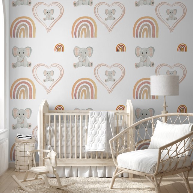 Papier Peint Élément d'art aquarelle éléphant mignon cœurs arc- (Enfants)