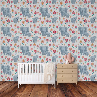 Papier Peint Eléphant mère, bébé fleurs motif pépinière