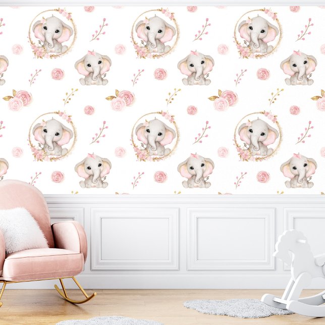Papier Peint Eléphant mignon Rose rose florale fille (Cute Elephant White Pink Floral Girl Wallpaper)