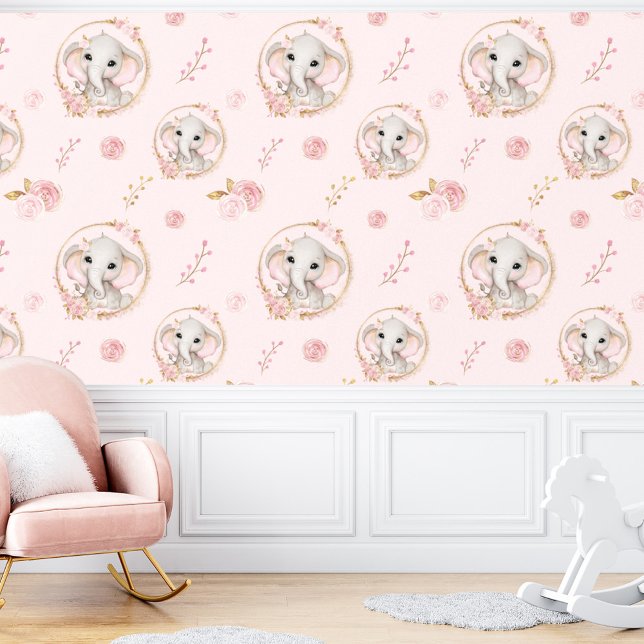 Papier Peint Eléphant mignon Roses Rose Floral Girl (Cute Elephant Pink Roses Floral Girl Wallpaper)