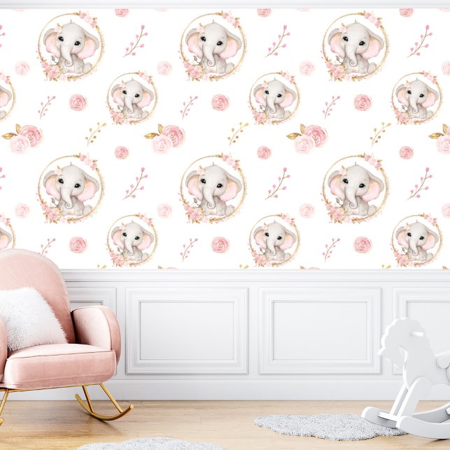 Papier Peint Eléphant mignon Roses Rose Rose Blanche Fille Flor (Cute Elephant White Pink Roses Floral Girl Wallpaper)