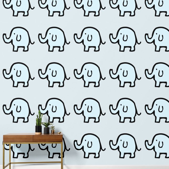 Papier Peint Eléphants Animaux Motifs Bébé Bleu Garçon Fille mi (Couloir)