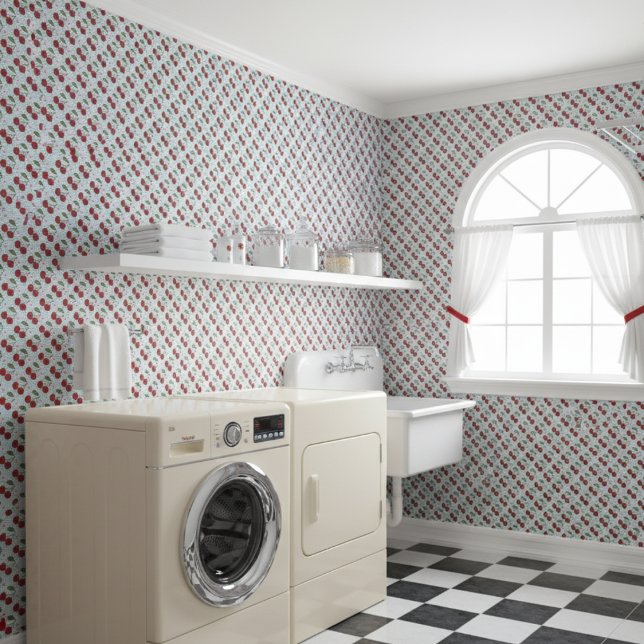 Papier Peint En vichy Bleu Rustique Et Cerises (Créateur téléchargé)