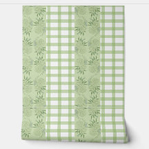 Papier peint En vichy vert et motif floral