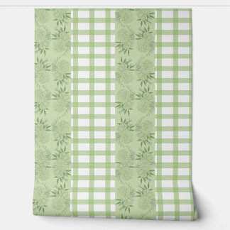 Papier peint En vichy vert et motif floral
