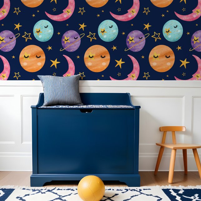 Papier Peint Enfants colorés Aquarelle Planètes spatiales Star  (Colorful Kids Watercolor Space Planets Star & Moon Wallpaper)