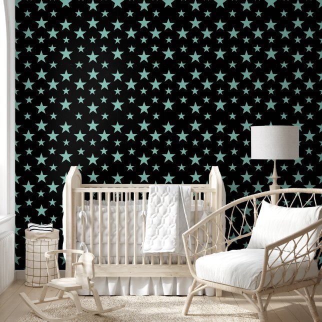 Papier Peint Étoiles Bleu-Vert Mystiques et Fond Noir (Enfants)