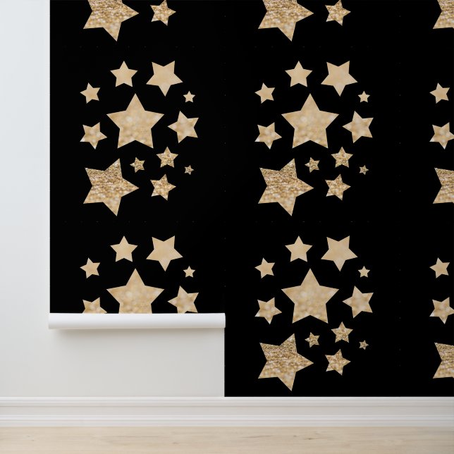 Papier Peint Etoiles brillantes or Joyeux Noël Fête Noir (Application)