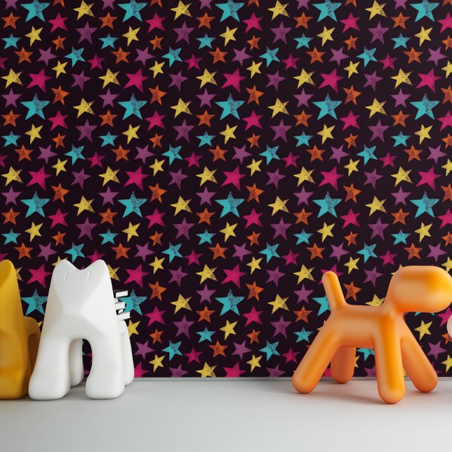 Papier Peint Étoiles colorées sur motif pourpre foncé (Créateur téléchargé)