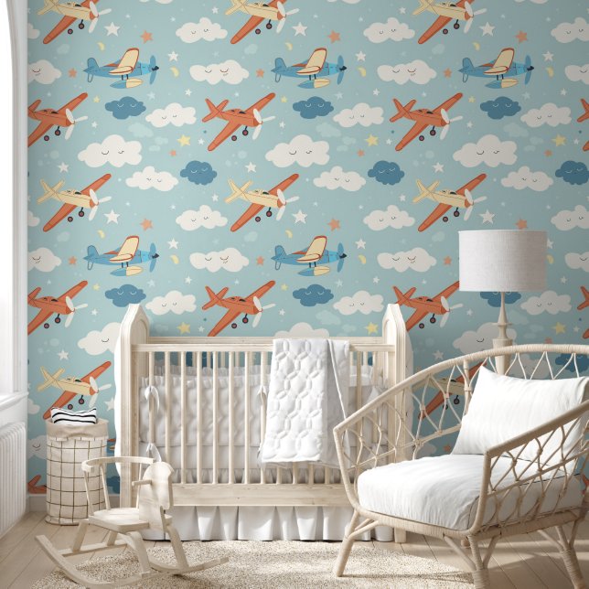 Papier Peint Étoiles d'avion et Motif de nuage Baby Nursery (Enfants)