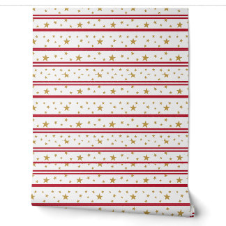 Papier Peint Étoiles Dorées & Bandes Rouges