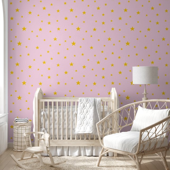 Papier Peint Étoiles dorées éparpillées sur rose clair (Enfants)