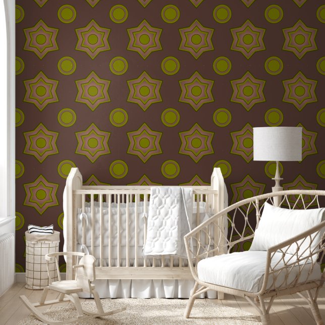 Papier Peint Étoiles et cercles en brun et vert (Enfants)