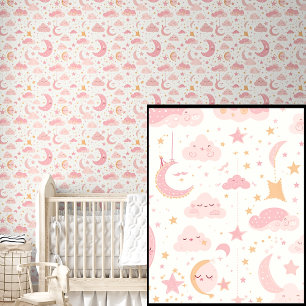 Papier Peint Étoiles roses mignonnes Lunes Nuages