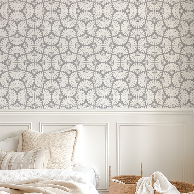 Papier Peint Éventail de palmier Ogee gris et blanc moderne (Créateur téléchargé)
