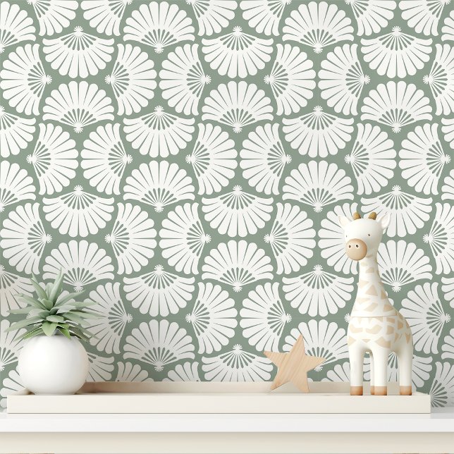 Papier Peint Éventail de palmier ogee vert sauge et blanc moder (Créateur téléchargé)
