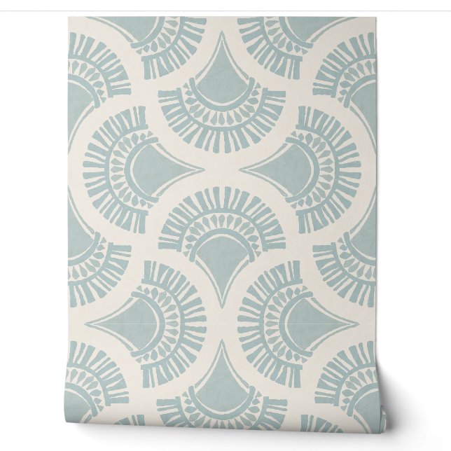 Papier Peint Éventail solaire géométrique boho texturé - Bleu p (Déroulement)