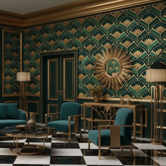 Papier Peint Éventails Art Déco Or Vert (Créateur téléchargé)