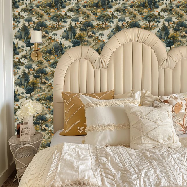 Papier Peint Fairycore Forêt de champignons rouge, vert et beig (Fairycore Red, Green, and Beige Mushroom Forest Wallpaper behind a cream colored headboard.)