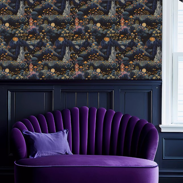 Papier Peint Fairycore Imaginaire Mountain avec la maison (Fairycore Fantasy Mountain with House Wallpaper above a purple scalloped sofa.)