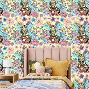 Papier Peint Fantaisie Pastel Chat Féerique Tigré Floral