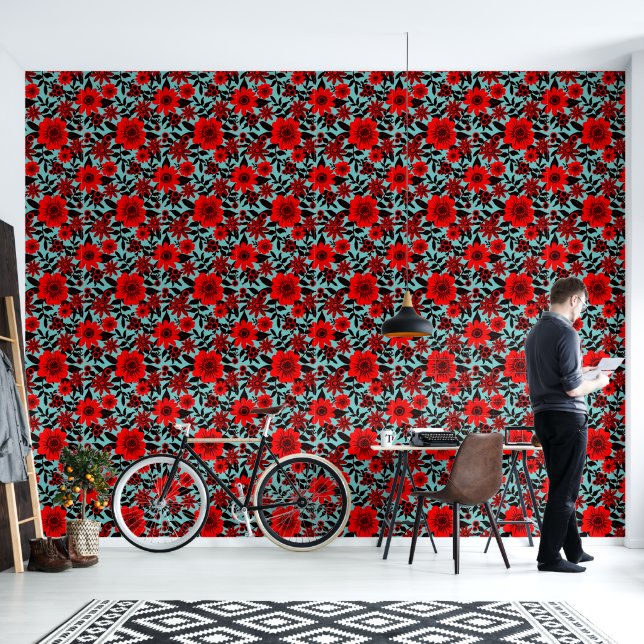 Papier Peint Fantasy Rouge et Blue Jungle Floral (Salon)