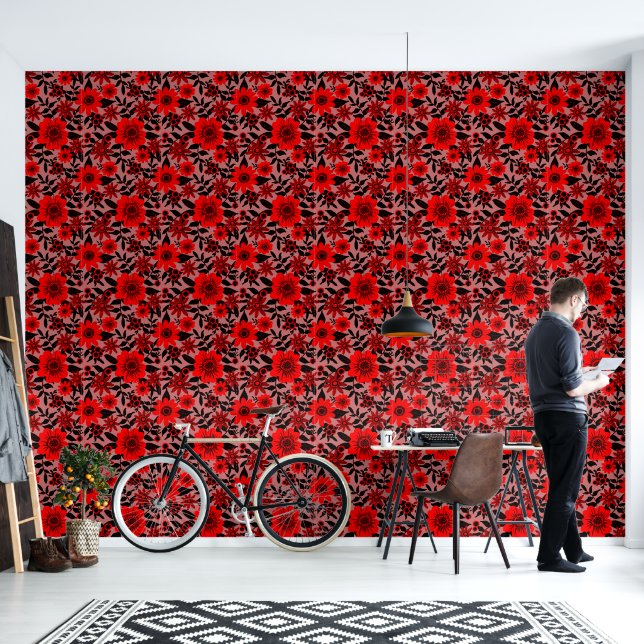Papier Peint Fantasy Rouge et rose Jungle Floral (Salon)