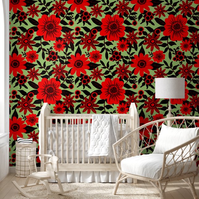 Papier Peint Fantasy Rouge et Vert Jungle Floral (Enfants)