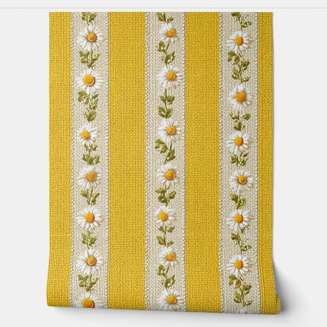 Papier Peint Ferme jaune Fleurs blanches Rayures  (Déroulement)