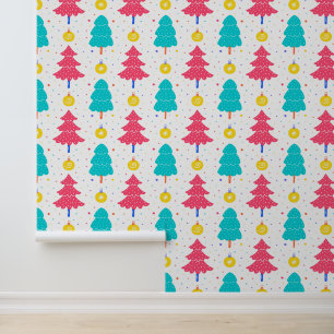 Papier Peint Festif bleu rose sapin motif carrelé