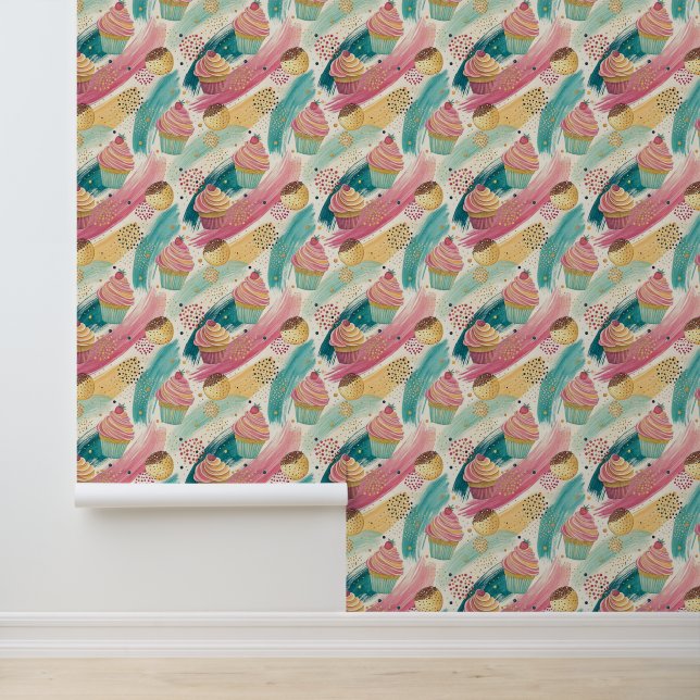 Papier Peint Festive Cupcake & Brushstroke Celebration Motif (Application)