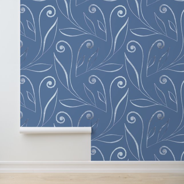 Papier Peint Feuillage élégant et Motif à perles bleu foncé (Application)