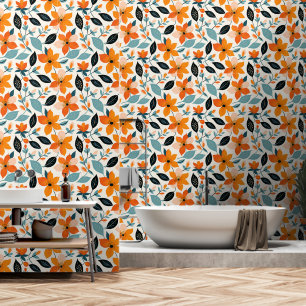 Papier Peint Feuillage et fleurs orange et bleu