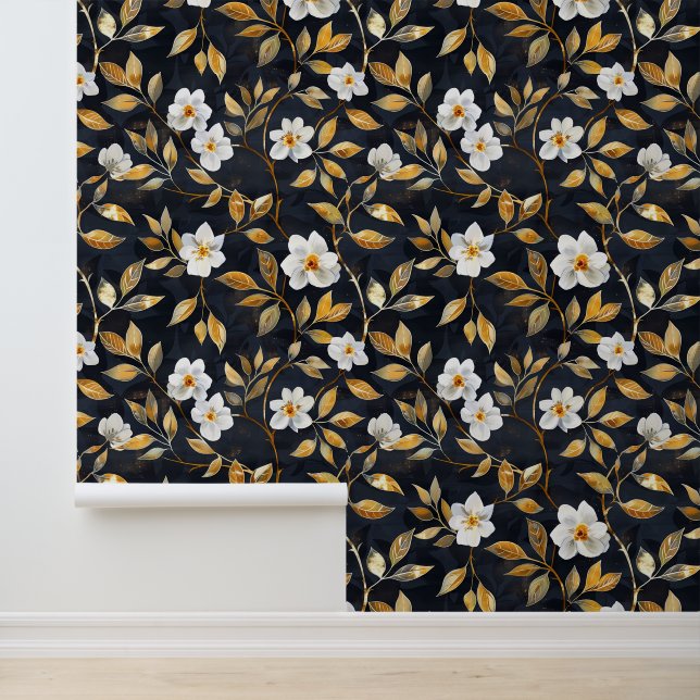 Papier Peint Feuille d'or de fleur blanche en noir (Application)