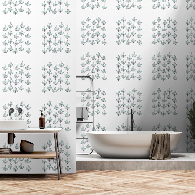 Papier Peint Feuille Pâle Aqua Avec Fleurs (Salle de bain)