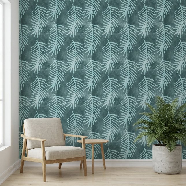 Papier Peint Feuille tropicale aquarelle vert sarcelle (Teal Green Watercolor Tropical Leaf Wallpaper)