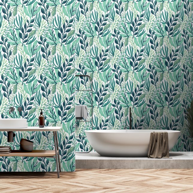 Papier peint feuille vert botanique (Salle de bain)