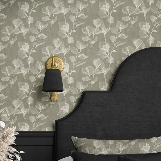 Papier Peint Feuilles Botaniques Douces sur Gris Olive (Créateur téléchargé)
