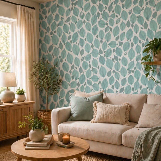 Papier Peint Feuilles de Basilic Blanc Turquoise Motif de Feuil (Créateur téléchargé)
