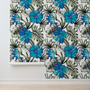 Papier Peint Feuilles de palmier Fleur d'Hibiscus Bleu Hawaïen 